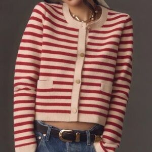 Anthropologie NVLT Striped Red and Cream Gold Button-Front Sweater Cardigan